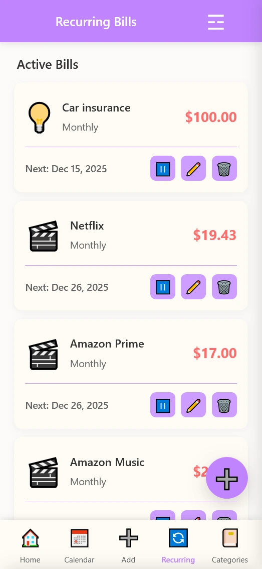 Recurring bills and subscription tracking